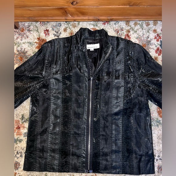 Caroline Rose Black Textured Jacket with Rhinestone Zipper - Picture 4 of 11